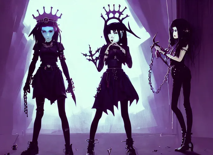 Prompt: two cute goth maiden girls with crown of thorns and white short hairs, dressed in leather belts, warhammer, cyberpunk, by atey ghailan, by greg rutkowski, by greg tocchini, by james gilleard, by joe gb fenton, by kaethe butcher, dynamic lighting, gradient light blue, brown, blonde cream and white color in scheme, grunge aesthetic