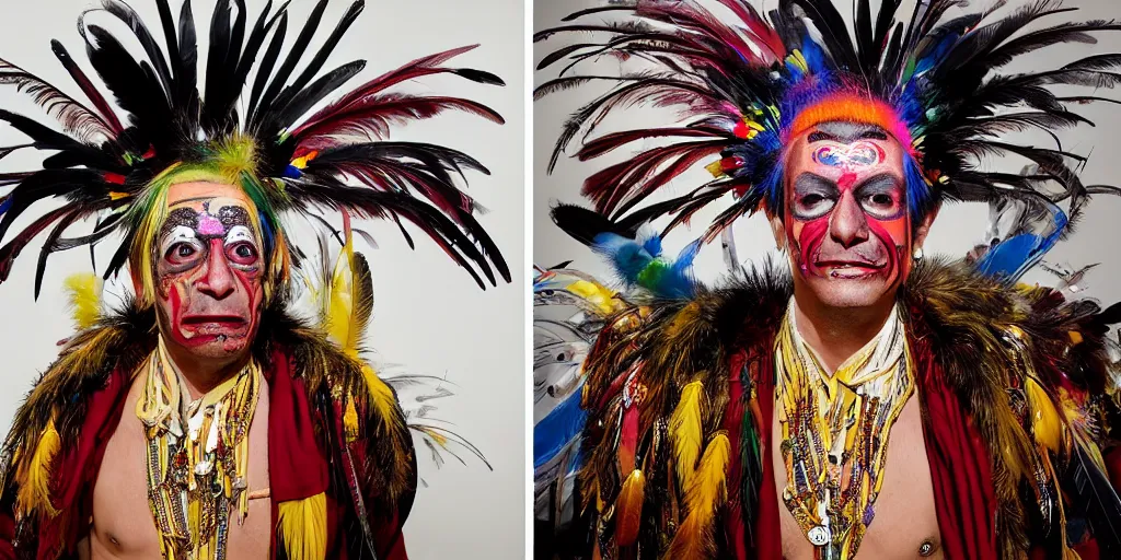 Prompt: ney matogrosso with paint on face, feathers, leather, lace, gold wings on head, tibetan skeleton dancer, painting by gottfried helnwein