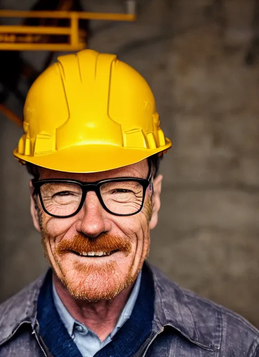 Image similar to closeup portrait of cheerful bryan cranston as a crane operator, yellow hardhat, natural light, bloom, detailed face, magazine, press, photo, steve mccurry, david lazar, canon, nikon, focus