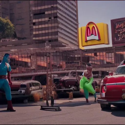 Prompt: still from the new movie mcdonald's in matrix land