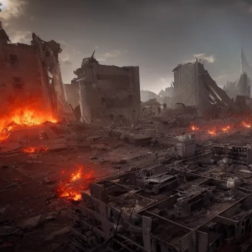 Prompt: post apocalyptic earth with fire everywhere and destroyed buildings, surreal, sharp focus, digital art, epic composition, concept art, dynamic lighting, intricate, highly detailed, 8 k, unreal engine, blender render