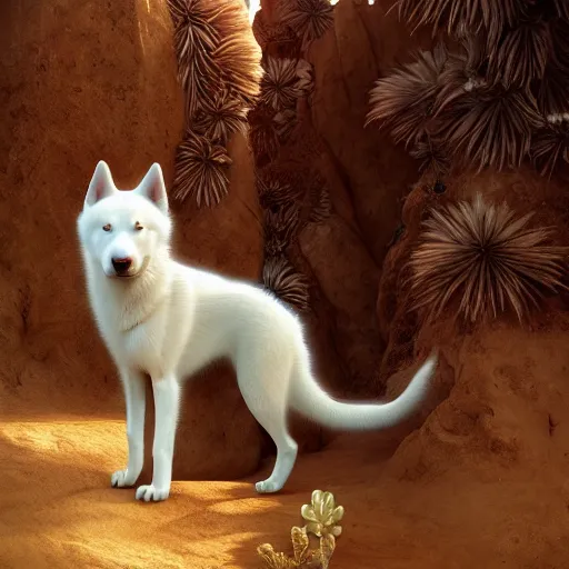 Image similar to white alaskan husky puppy creature in a desert lush oasis, warm tones : : by guillermo del toro, daniel merriam, victo ngai and michal karcz : : ornate, dynamic, particulate, intricate, elegant, highly detailed, centered, artstation, smooth, sharp focus, octane render