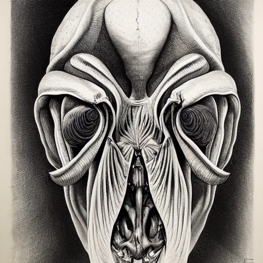 Image similar to surreal spider orchid head anatomical atlas dissection center cut, lithography on paper conceptual figurative ( post - morden ) monumental dynamic soft shadow portrait drawn by hogarth and escher, inspired by goya, illusion surreal art, highly conceptual figurative art, intricate detailed illustration, controversial poster art, polish poster art, geometrical drawings, no blur