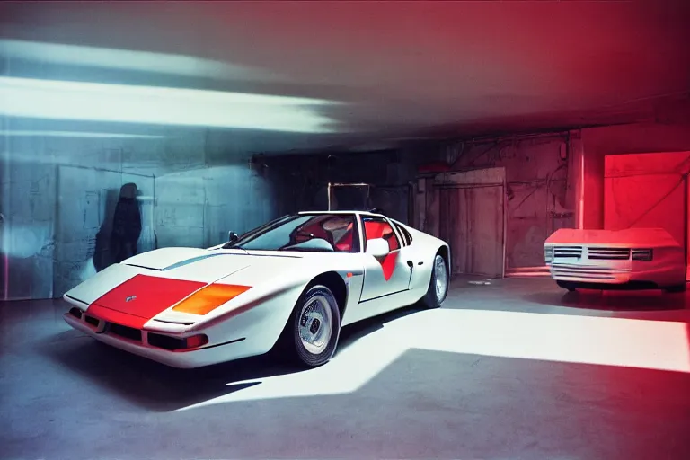 Prompt: studio photoshoot designed by giorgetto giugiaro of a single 1 9 8 8 fj 4 0 miura citroen dm bmw m 1, thick neon lights, ektachrome photograph, volumetric lighting, f 8 aperture, cinematic eastman 5 3 8 4 film