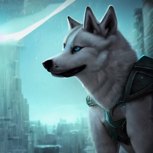 Image similar to /imagine prompt: white building barrack siberian anthro husky warrior with crusade armor and blue torus cyberpunk, cinematic light, cinematic epic ,octane 4k, 8k, detailed, ultra realistic, anime., centered