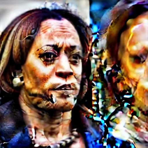 Image similar to kamala harris dressed up in hardcore gangbanger cosplay with face tattoos