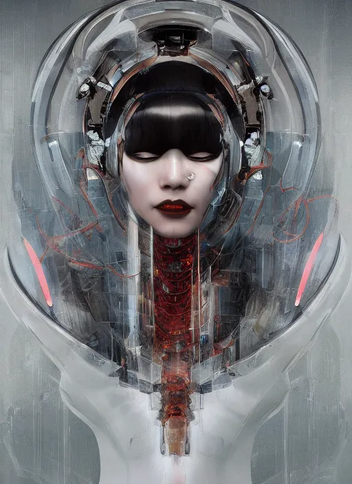 Image similar to portrait of a futuristic geisha cyborg, in the style of ghost in the shell, kintsugi, modern fine art, fractal, intricate, elegant, highly detailed, digital photography, subsurface scattering, by jheronimus bosch and greg rutkowski,