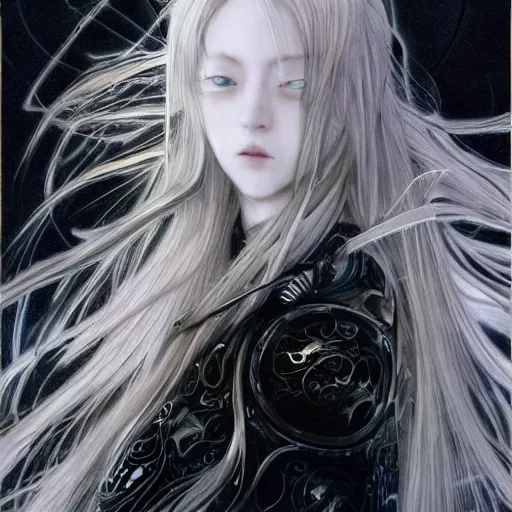 Image similar to Yoshitaka Amano realistic illustration of an anime girl with wavy white hair fluttering in the wind and cracks on her face wearing Elden ring armour with the cloak, abstract black and white patterns on the background, noisy film grain effect, highly detailed, Renaissance oil painting, weird portrait angle