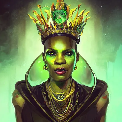 Image similar to a dark and ominous african queen with glowing eyes and a golden crown with a ruby and an emerald in her forehead, Apex Legends character digital illustration portrait design, by android jones and greg rutkowski in a cyberpunk voodoo style, detailed, cinematic lighting, wide angle action dynamic portrait