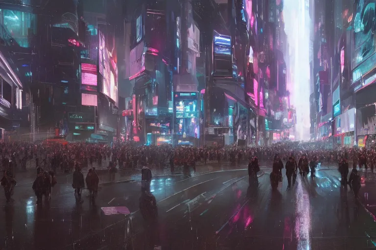 Image similar to dramatic artstation illustration of a crowd of people at a city intersection, surrounding giant holographic avatar by greg rutkowski, cyberpunk, raining