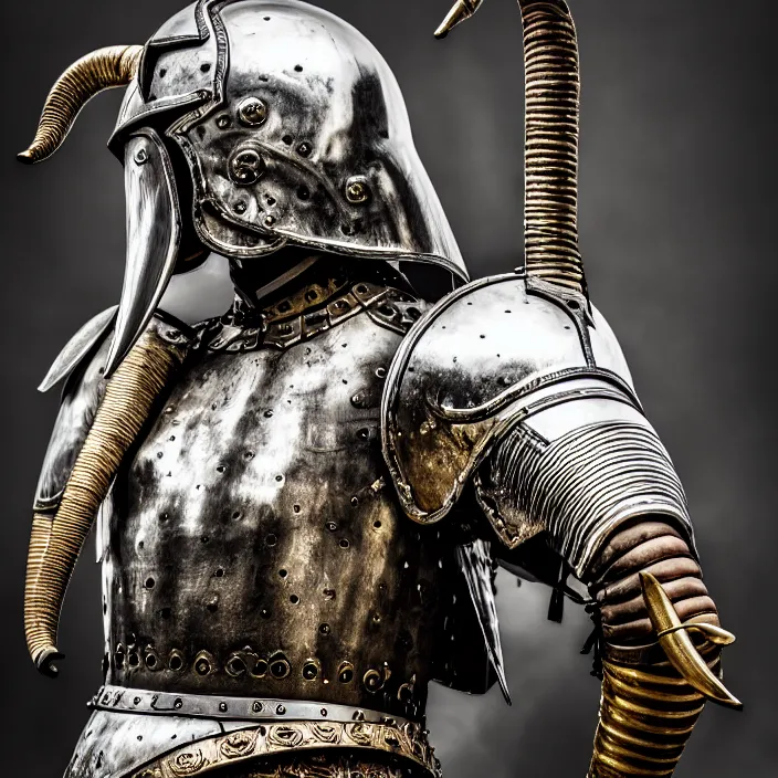 Image similar to photo of a warrior with metal elephant themed armour, highly detailed, 4 k, hdr, smooth, sharp focus, high resolution, award - winning photo