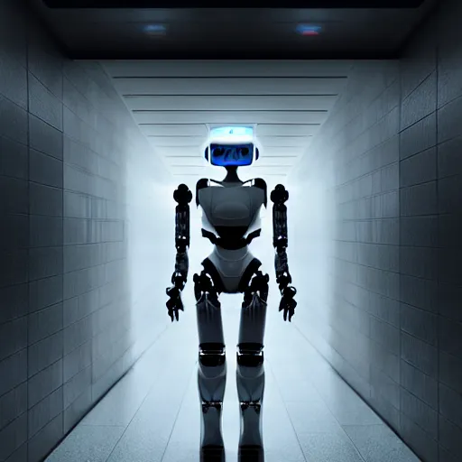 Prompt: ultra realist and ultra intricate detailed soft painting of an armored humanoid robot, standing in a futuristic hallway, sensual gloomy style, volumetric clouds, artstation, unreal render, low angle