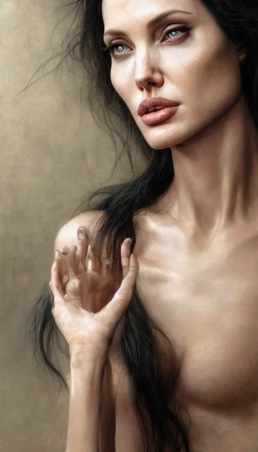 Image similar to epic masterpiece angelina jolie, sweaty skin, hyperrealistic, octane render, cinematic, beautiful face and flawless skin, perfect hands, 5 fingers, by Edgar Maxence and Ross Tran and Michael Whelan, Legends of Runeterra