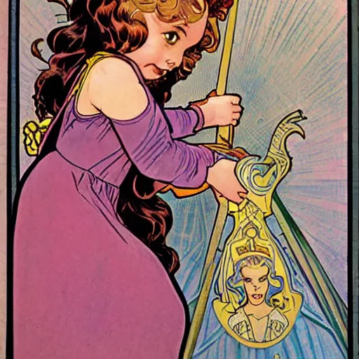 Image similar to a little girl with a mischievous face and short wavy curly brown hair. she is dressed as a knight. well composed, clean elegant painting, beautiful detailed face. comic book art by steve ditko and jack kirby and alphonse mucha