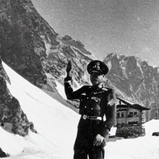 Prompt: photo of an ss officer with a frozen crashed ufo on the alps, 1935, high definition