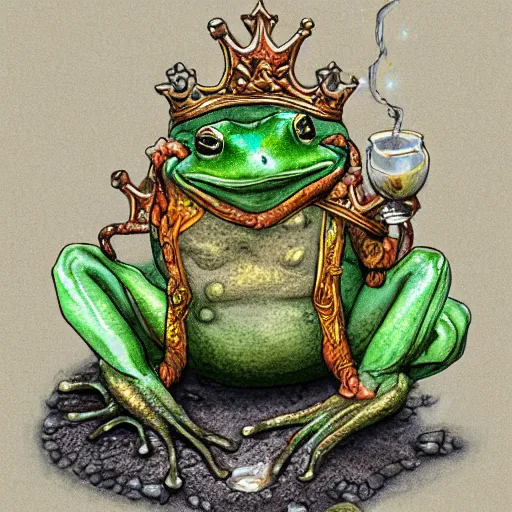 Prompt: a photorealistic frog king sitting on a throne, surrounded by frog servants next on the side of the pond, digital art