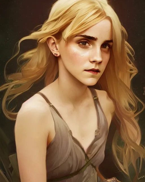 Image similar to '' Portrait of Beautiful blonde emma watson in her early 30’s, league of legends, LOL, fantasy, d&d, digital painting, artstation, concept art, sharp focus, illustration, art by greg rutkowski and alphonse mucha ''