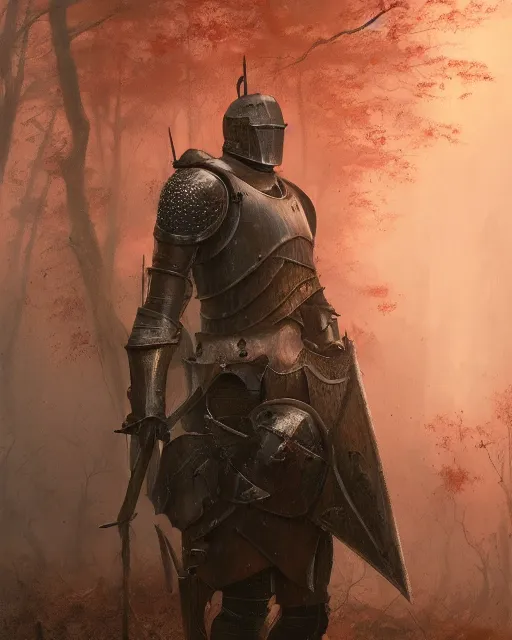 Image similar to Hyper realistic painting of a knight in full plate armor that has completely turned to rust, hyper detailed, surrounded by a dark forest, fog, moody, creepy, cinematic lighting, by greg rutkowski, trending on artstation