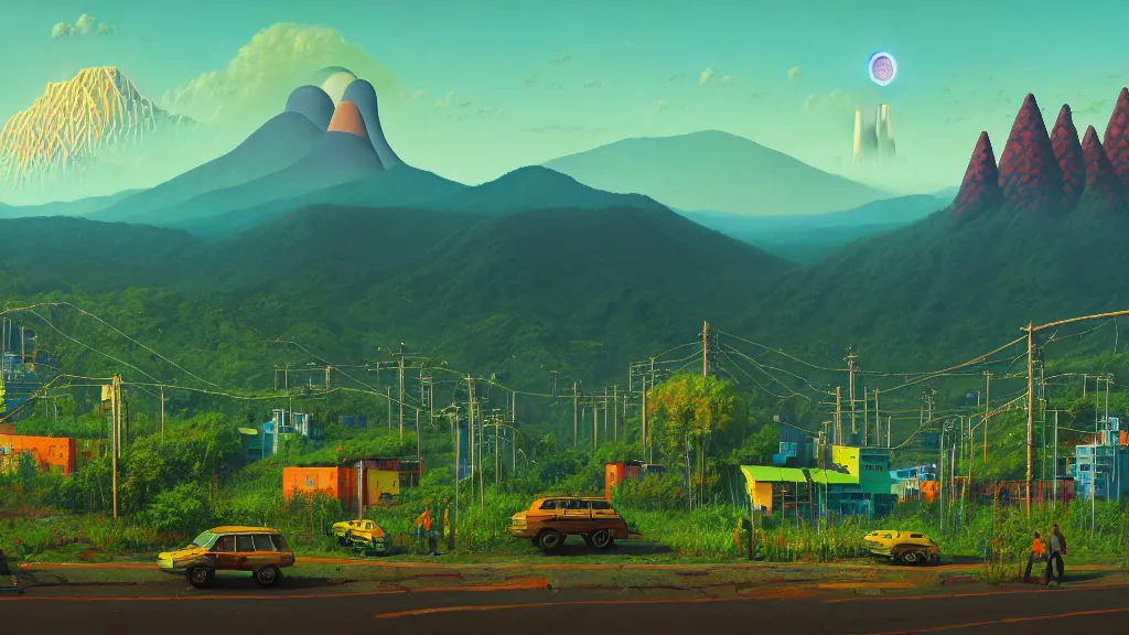 Image similar to Nuclear Nature Solarpunk harmony; the mountains and city are towered over by giant nuclear power plants covered with foliage; by Oswaldo Moncayo; by Simon Stålenhag, oil on canvas; Art Direction by James Cameron; Location: Quito Ecuador 4K, 8K; Ultra-Realistic Depth Shading