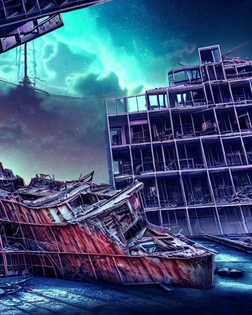 Image similar to a beautiful hyperdetailed render of shipwreck industrial architecture urbex by gordon bunshaft, at night synthwave tundra thermal vision nightsky galactic evil wilderness lake alien sci - fi futuristic gem dramatic lightning retrowave, archdaily, wallpaper, highly detailed, trending on artstation.