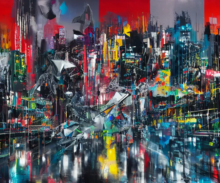 Image similar to acrylic and spraypaint of a metropolitan cityscape at night with wet pavement and reflections, graffiti wildstyle, large brush strokes, painting, paint drips, acrylic, clear shapes, spraypaint, smeared flowers, origami crane drawings, large triangular shapes, painting by ashley wood, basquiat, jeremy mann, masterpiece