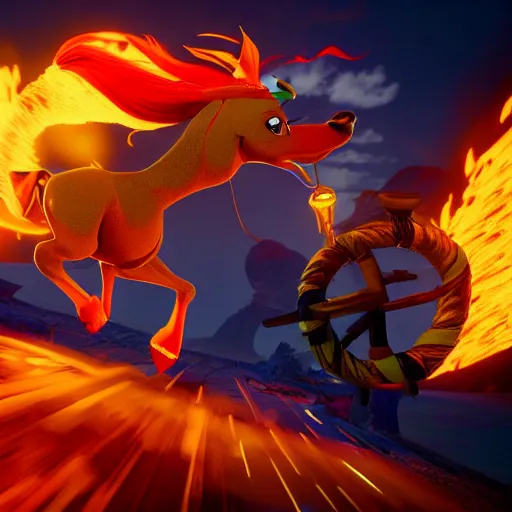 Prompt: crash bandicoot riding pegasus flying through a ring of fire, photo realistic, dramatic cinematic lighting, octane render, 4k, ultra detailed,