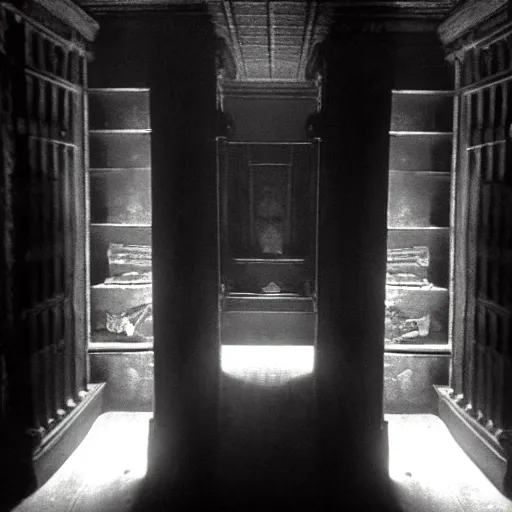 Image similar to a gloomy shadowy midnight crypt room full of darkness with bookshelves. contrast:0, brightness:0. tags: chiaroscuro, darkframe, gothic. Low contrast, dim. This is a dim image.