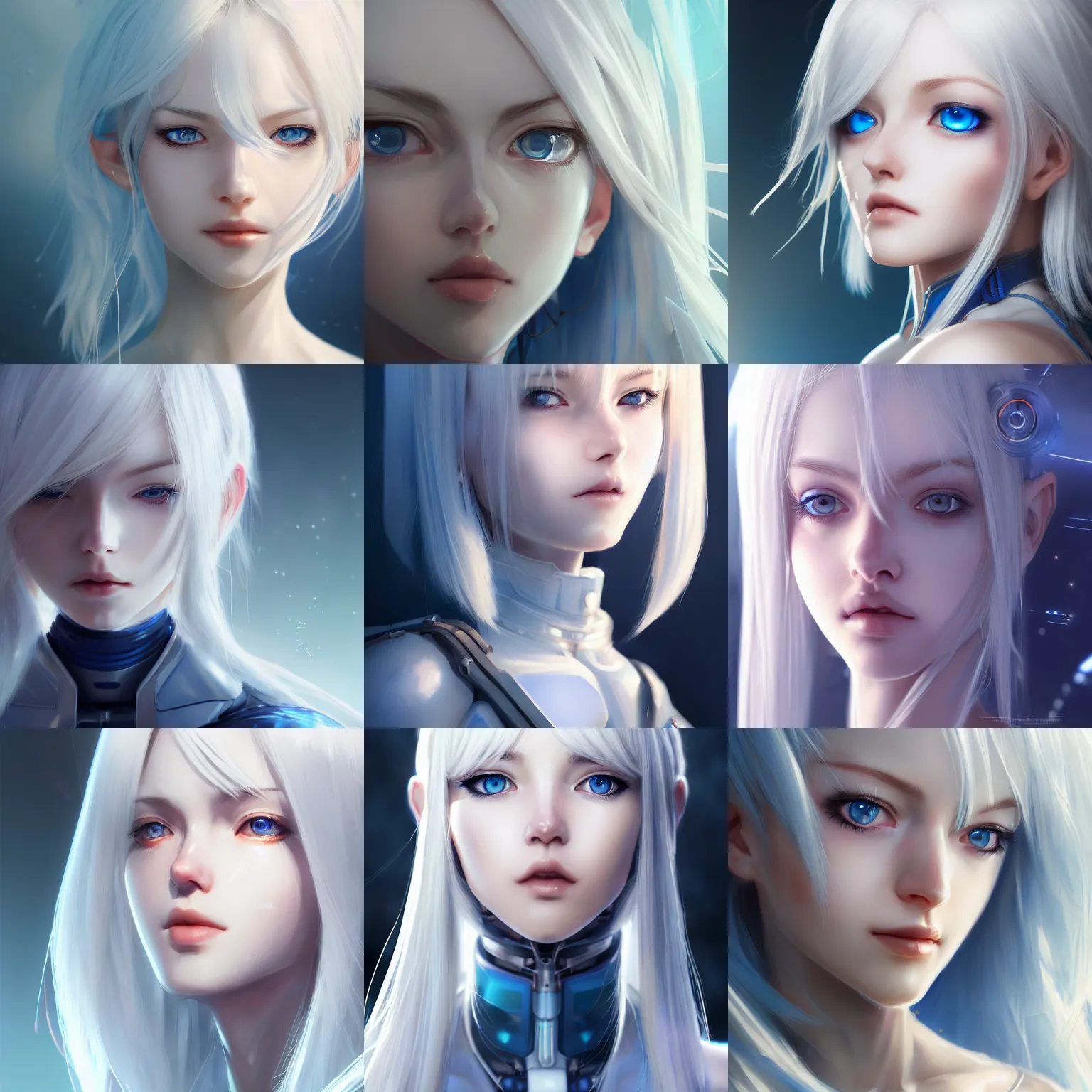 Prompt: detailed portrait of perfect white haired girl, android, beautiful, pretty face, blue cyborg eyes, innocent, scifi, 4 k, sun yunjoo, ultra realistic, highlights, cinematic lighting, introverted, highly detailed, sharp focus, artstation, masterpiece, art by hyungjin yang and akihiko yoshida