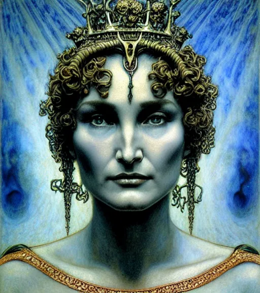 Image similar to detailed realistic beautiful young jessica lange as queen of mars face portrait by jean delville, gustave dore and marco mazzoni, art nouveau, symbolist, visionary, gothic, pre - raphaelite. horizontal symmetry by zdzisław beksinski, iris van herpen, raymond swanland and alphonse mucha. highly detailed, hyper - real, beautiful