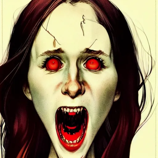 Prompt: in the style of Joshua Middleton and artgerm, Norman Rockwell, evil vampire Taissa Farmiga open mouth with large sharp fangs, waist up, middle shot, moody lighting