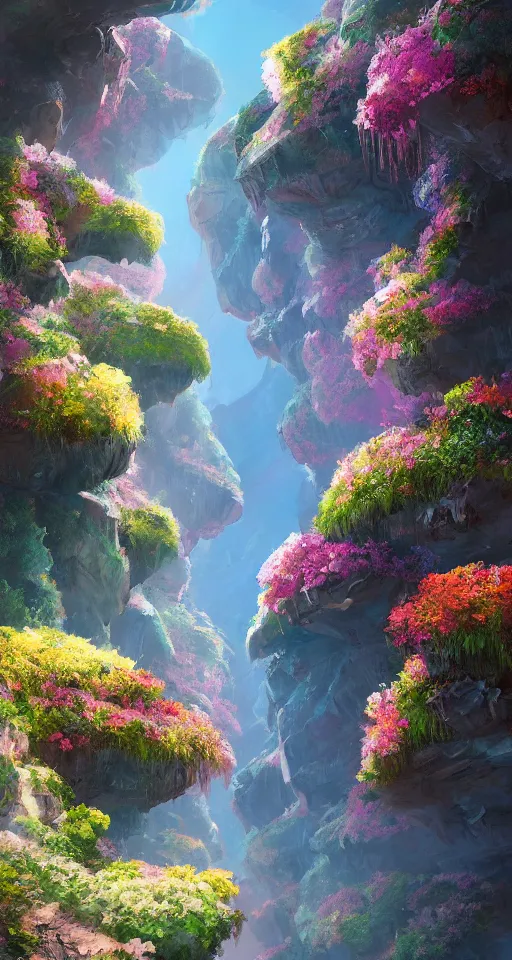 Prompt: canyon filled with flowers and flying spaceships, photorealistic, artstation, detailed