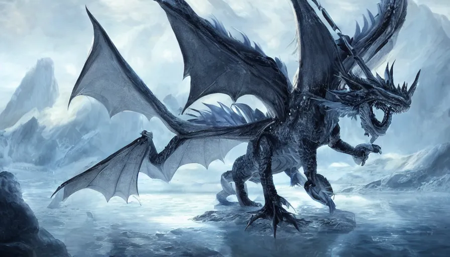 Image similar to epic ice dragon with trendy shapes in a nordic landscape under bright daylight with fluffy clouds, set in the words of the Forgotten Realms and Guildwars2, painted by Hans Fredrik Gude, Greg Rutkowksi and Artgerm, concept art 2022, ultra realistic masterpiece, contrasting details vs blank areas, oil on canvas