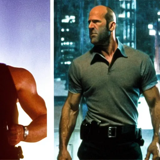 Prompt: film still of jason statham as cop in diehard movie, cinematic screen, middle shot