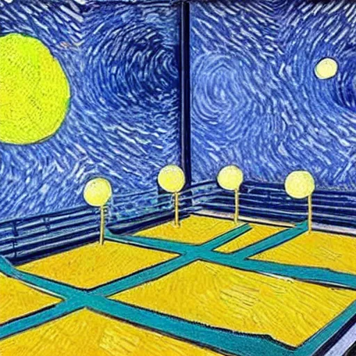 Image similar to tennis court in space, van gogh's art