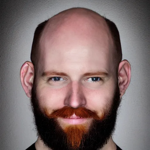 Prompt: realostic portrait of a 26 year old bald white man with a red beard, acting headshot, photograph