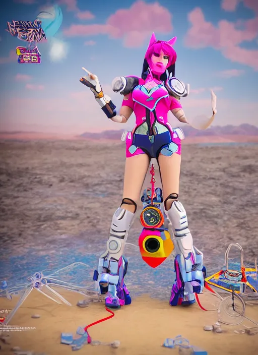 Prompt: d. va from overwatch at burning man, stop motion vinyl action figure, plastic, toy, in style of michael cheval, 3 5 mm