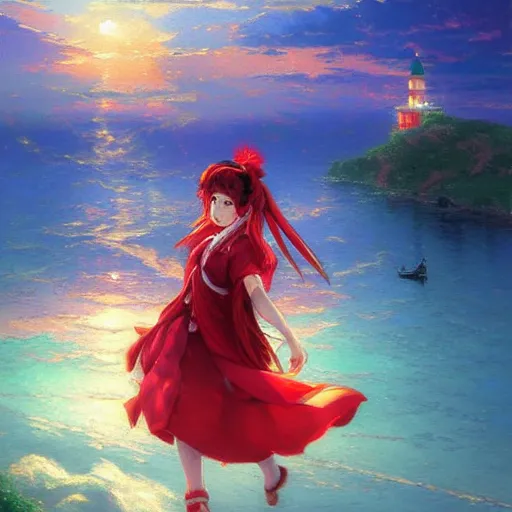 Prompt: woman reimu hakurei from touhou watching the sunset, by wlop, by thomas kinkade, expressive oil painting, matte art