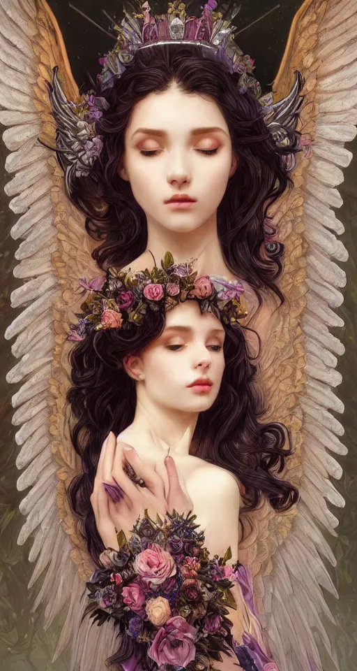 Prompt: beautiful young girl vaporwave aesthetic, synthwave, intricate, elegant, highly detailed, digital painting, wearing long gown, angelic wings, halo, crown, roses, ravens, sadness, tears, artstation, concept art, smooth, sharp focus, illustration, art by artgerm and greg rutkowski and alphonse mucha