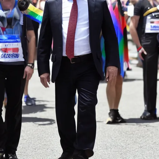 Prompt: vladimir putin attending gay pride wearing a thong