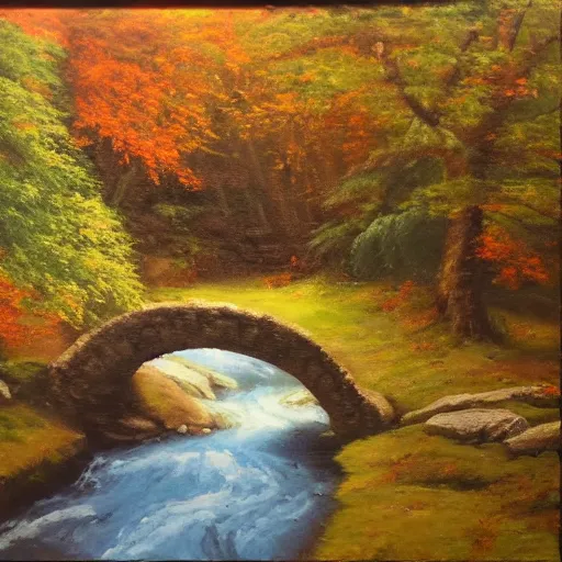 Image similar to Stone bridge over brook, pastoral scene. Autumn, changing leaves. Oil on canvas, award winning