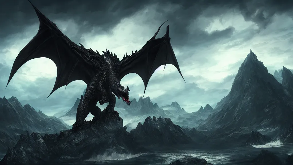 Image similar to Ancalagon the black, the biggest dragon that ever lived, over towering the huge mountains of Thangorodrim, landscape wide shot, epic, cinematic lighting, Unreal Engine 5, film key art, Bloom, dramatic lighting, cg artist