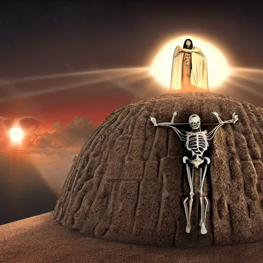 Image similar to Jesus Christ as skeleton inside an epicenter of a thermonuclear blast standing on the Earth sphere with radioactive rays to the sides, insane detail, photorealistic ultra high definition cinematic scene, sony a7r, 35mm