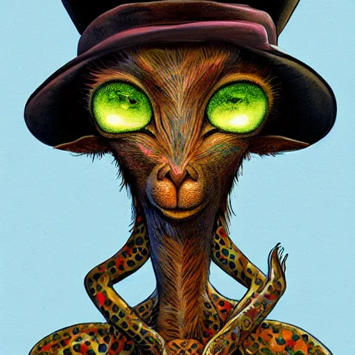 Image similar to a dik dik monster with tattoos wearing a fedora, colorful, digital art, fantasy, magic, trending on artstation, ultra detailed, professional illustration by basil gogos