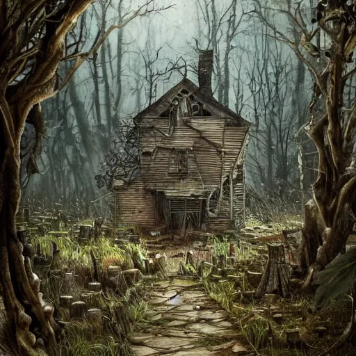 Image similar to dilapidated broken down shack, hidden away within the witchwood forest, evil fairies, overgrown, mist, rotting, detailed intricate ink illustration, dark atmosphere, detailed illustration, hd, 4k, digital art, overdetailed art, concept art, by greg rutkowski, by loish, complementing colors, Trending on artstation, deviantart