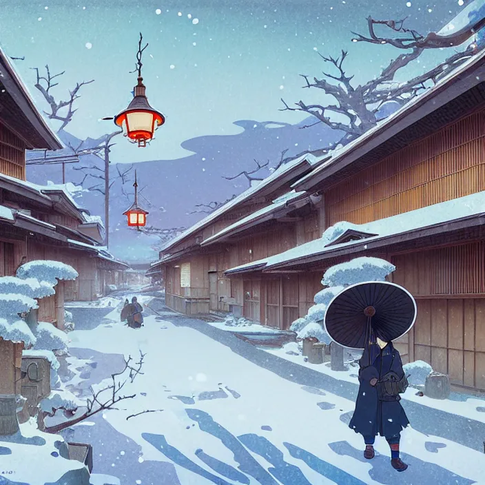 Image similar to empty rural japanese city, winter, in the style of studio ghibli, j. c. leyendecker, greg rutkowski, artem