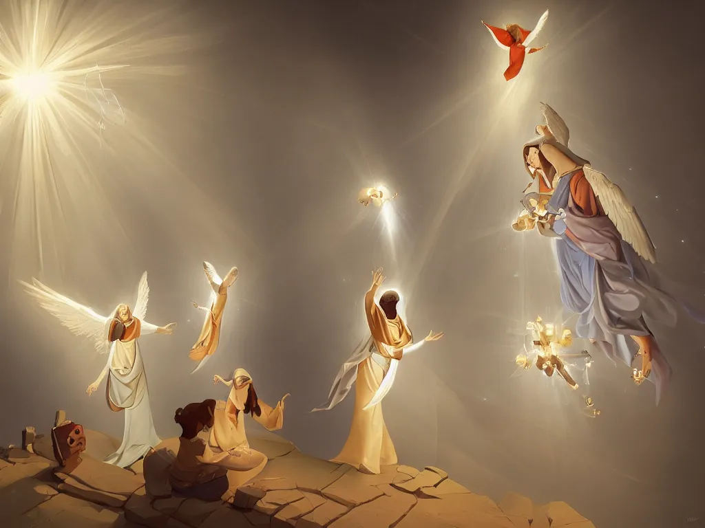 Image similar to the annunciation with mary on the left and archangel on the right, with a beam of light coming down from the top right towards mary on the left, by goro fujita, trending on artstation, 8k, highly detailed, digital graphic art