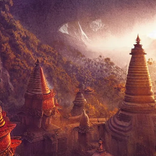 Image similar to a beautiful and highly detailed digital art of nepal in science fiction movie, detailed high buildings and rockets, forgotten valley, nepali architecture buildings, swirling mist, lush forests, intricate details, epic scale, insanely complex, 8 k, sharp focus, hyper realism, fantasy landscape, psychedelic, by caspar friedrich,