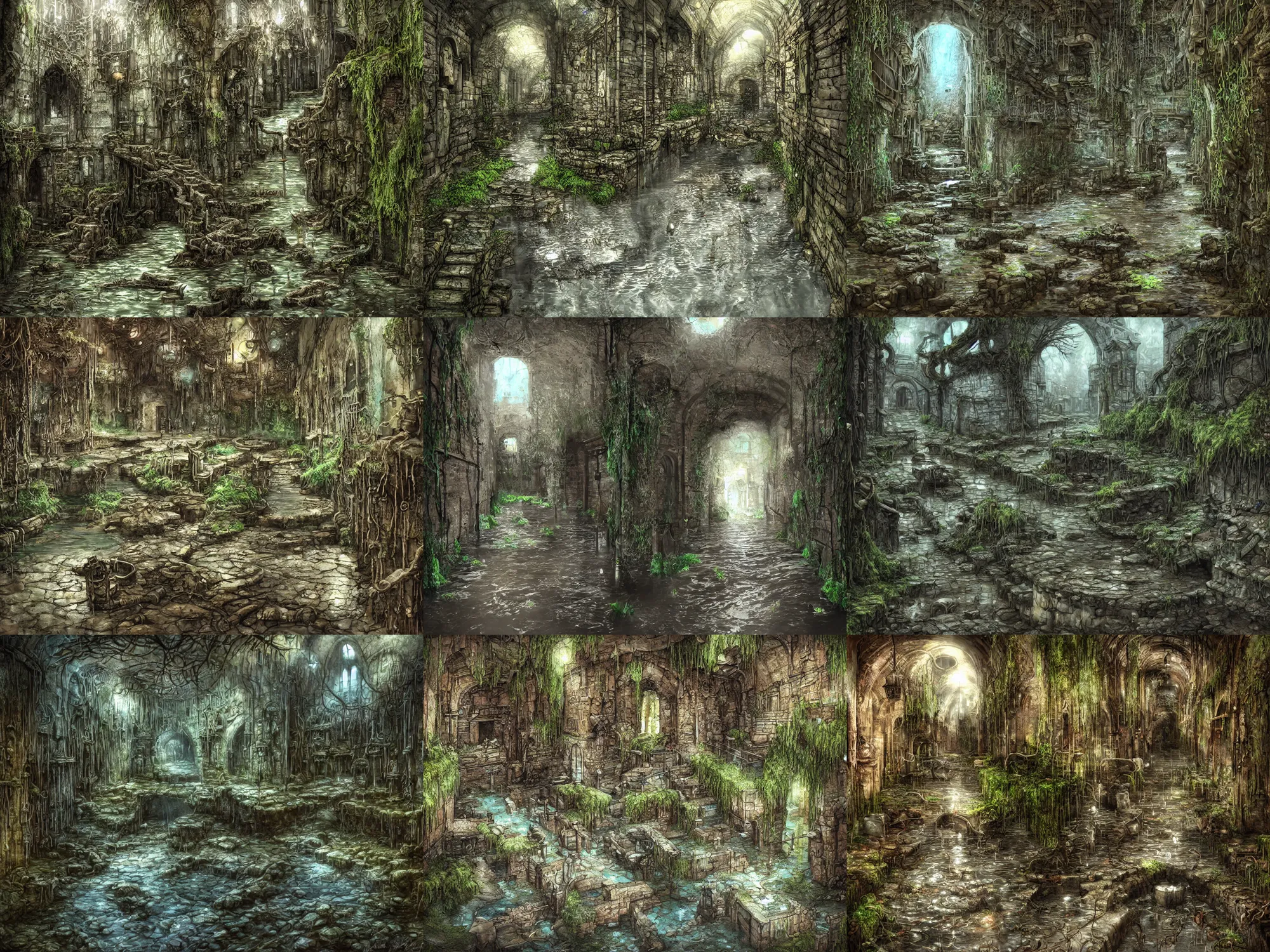 Prompt: inside the ancient flooded sewers in the old part of the city. fantasy art, dripping water, standing water, channel, stagnant water, rivulets, musty, moss, vines, abandoned spaces, torch - lit, dungeons and dragons.