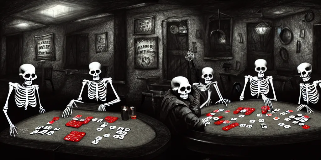 Prompt: skeletons playing poker in a dungeon, cobwebs, grunge, dungeon, mossy, volumetric lighting, hyper real, pencil art, moody lighting, eldritch horror