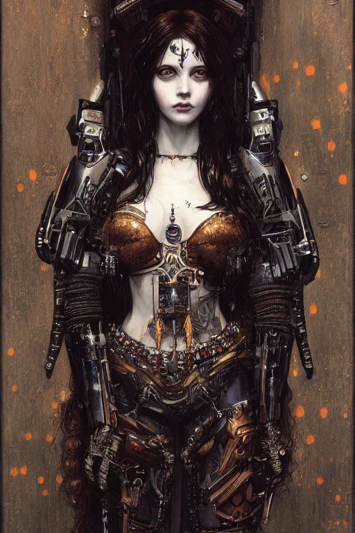 Image similar to portrait of beautiful young gothic maiden, cyberpunk, Warhammer, highly detailed, artstation, illustration, art by Gustav Klimt